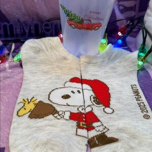Santa Snoopy Official Peanuts Holiday Socks With Merry Christmas Tumbler